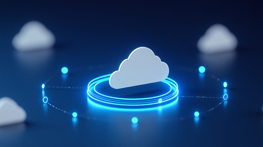 3D illustration of cloud computing concept with glowing digital connections on a blue background, representing data storage and technology.