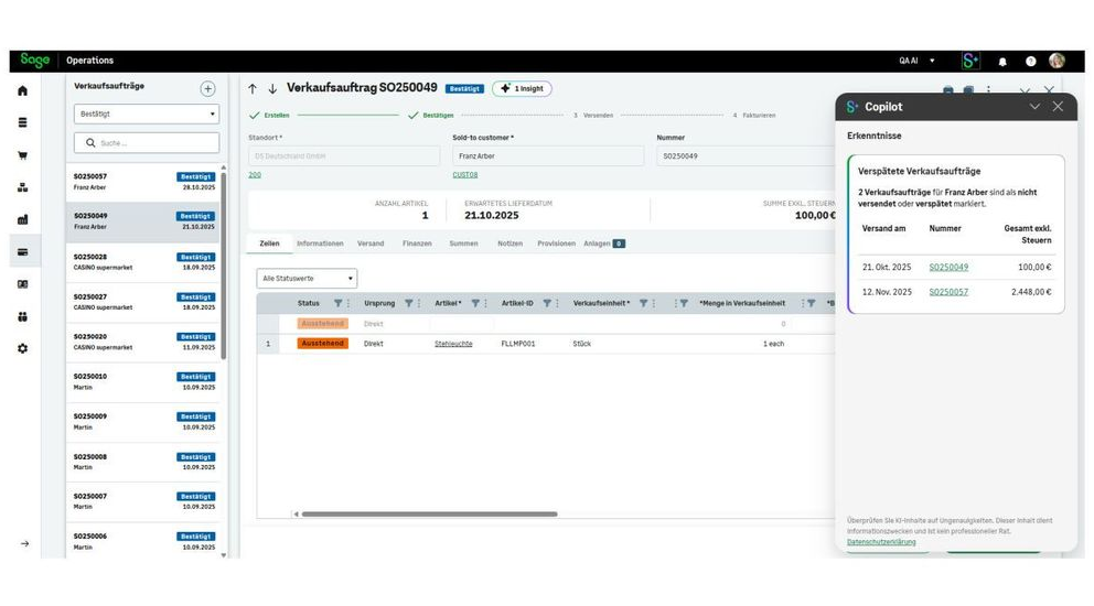 Der Copilot informiert über verspätete Kundenaufträge.