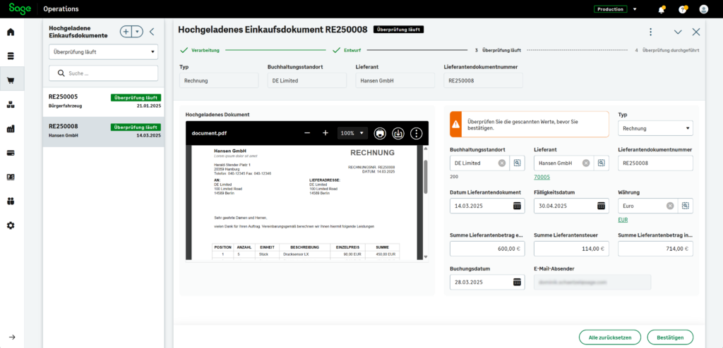 Automatische Eingangsrechnungserkennung in Sage Operations mit digitaler Rechnungsansicht, KI-gestützter Datenerkennung und vorbereiteter Buchung im Einkaufsprozess
