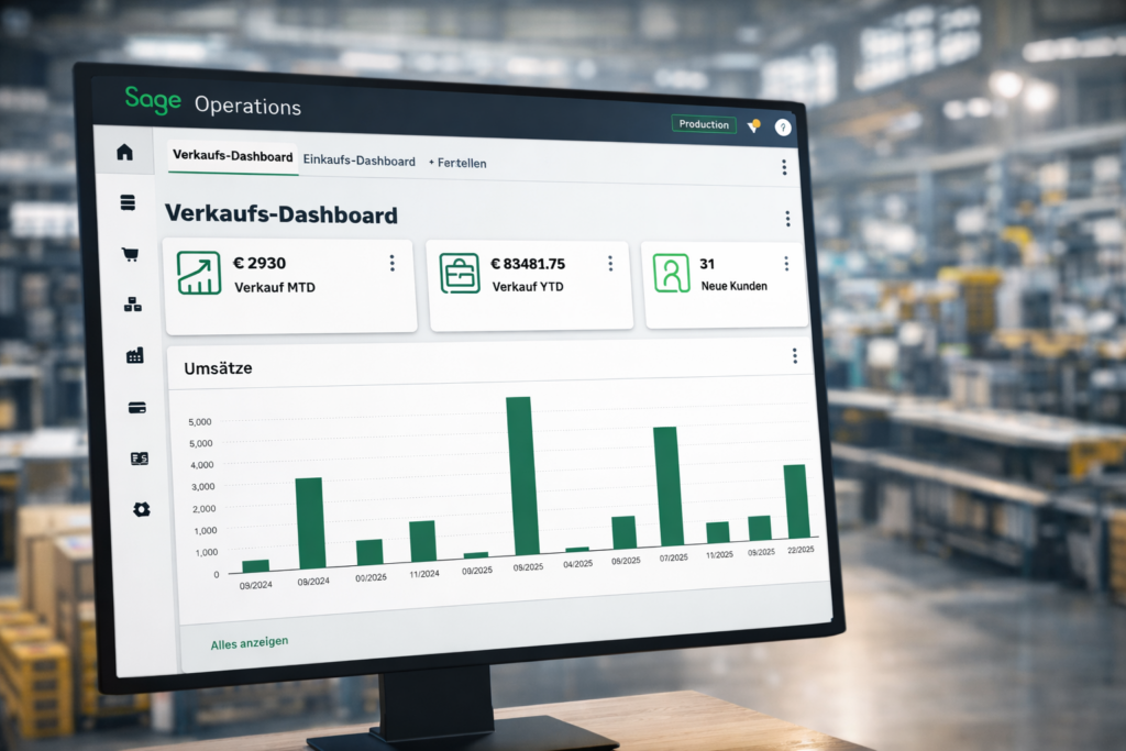 Verkaufs-Dashboard in Sage Operations mit Umsatzkennzahlen und Echtzeitdaten im Cloud-ERP