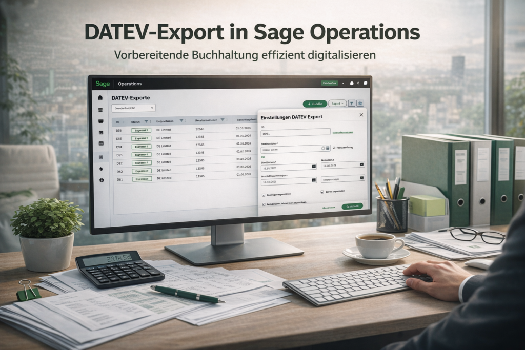 DATEV-Export in Sage Operations: Vorbereitende Buchhaltung im cloud-nativen ERP mit wenigen Klicks digital an den Steuerberater übergeben