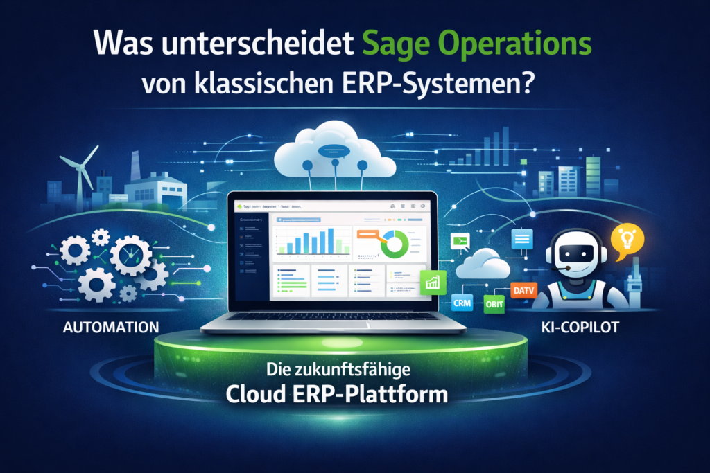 Cloud ERP Sage Operations mit Fokus auf Automatisierung, Systemintegration und KI-gestützter Unternehmenssteuerung für den Mittelstand