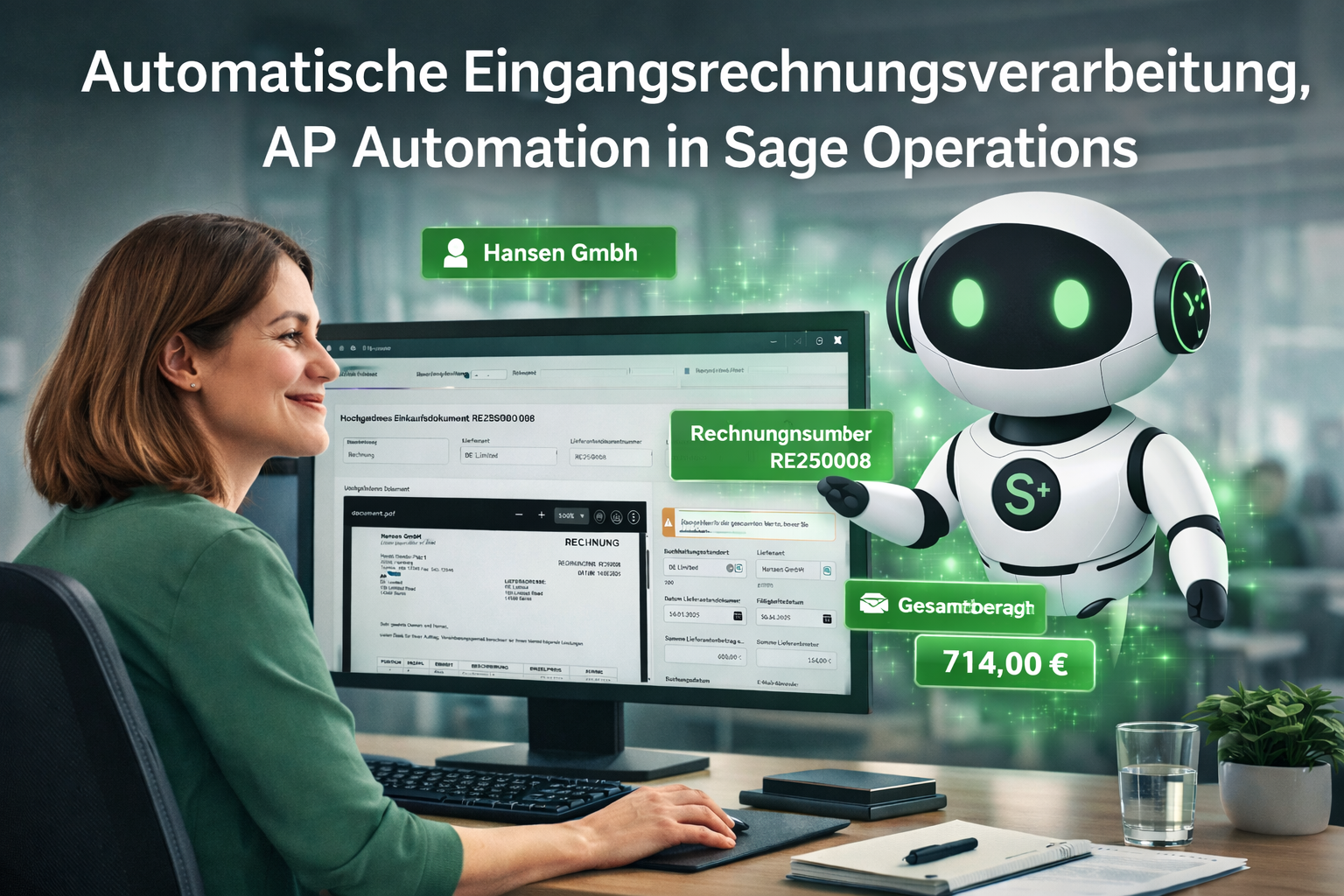 Automatische Eingangsrechnungsverarbeitung in Sage Operations mit AP Automation: Sage Copilot unterstützt Anwender bei der Prüfung und Zuordnung einer Einkaufsrechnung direkt im Cloud-ERP.