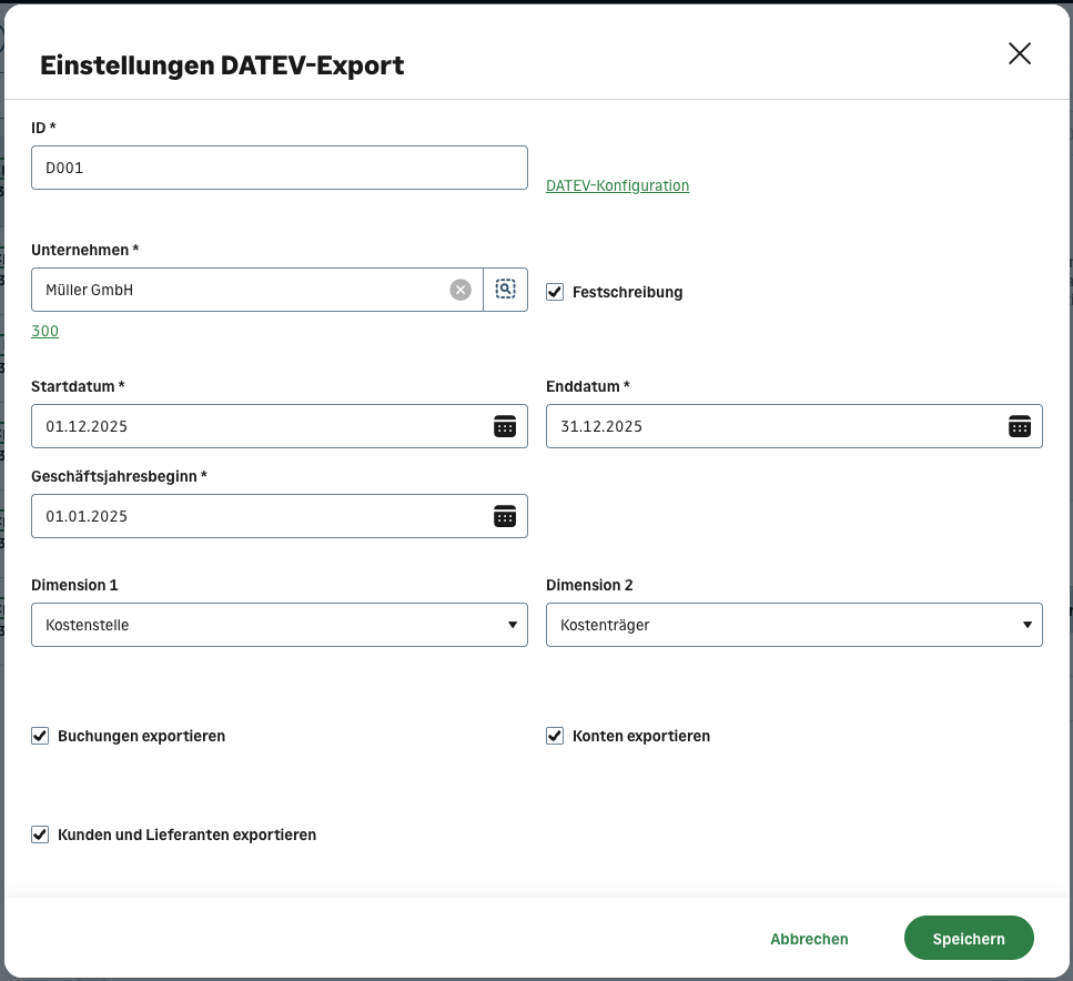DATEV-Export-Einstellungen in Sage Operations.